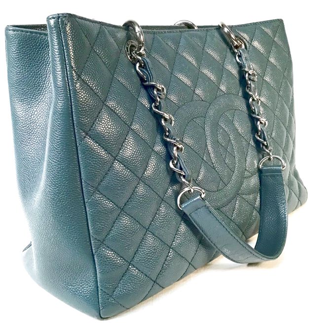 CHANEL Teal Quilted Caviar Leather Grand Shopping Chain Tote