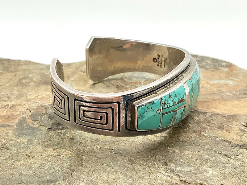 NAVAJO Julius Burbank Sterling & Turquoise Inlay Cuff Bracelet