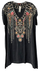 JOHNNY WAS Grey w/Multi Floral Embroid V-Neck S/S Dress