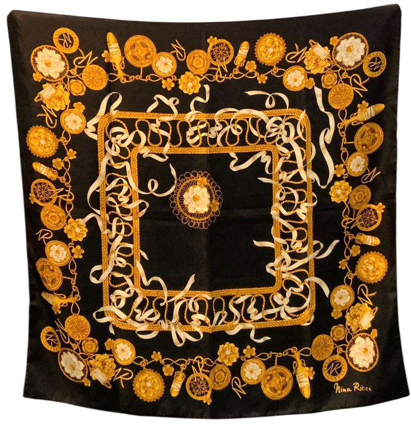 NINA RICCI Vintage Black Gold Ivory Charm Motif Silk Scarf