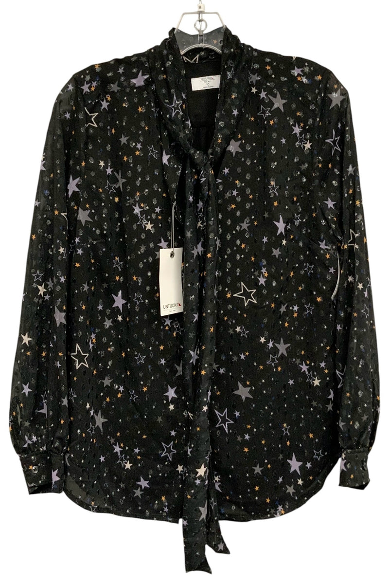 UNTUCK IT Black/Multi Star Print "Colette" Tie Neck L/S B/D Top