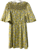 REBECCA TAYLOR Chartreuse/Black Floral w/Smocked Neckline Puff Sleeve Dress