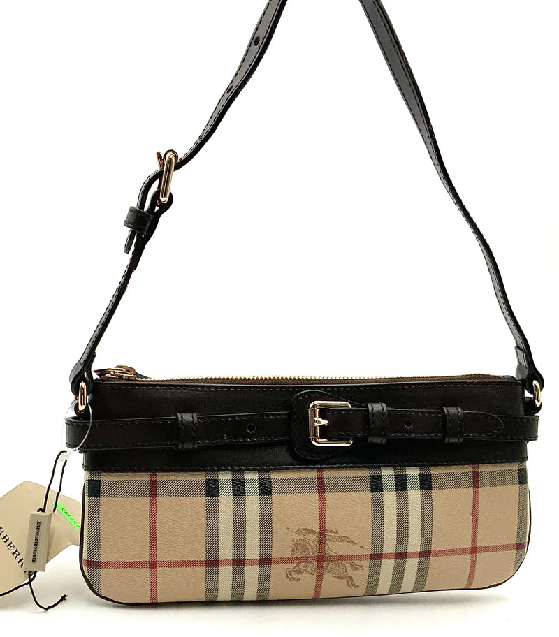 BURBERRY Brown Leather Tan Check Mini Buckle Strap Bag