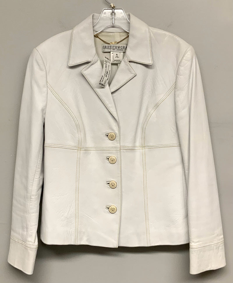 ST JOHN GRIFFITH GRAY Chalk White Yellow Top Stitch Leather Jacket AS IS