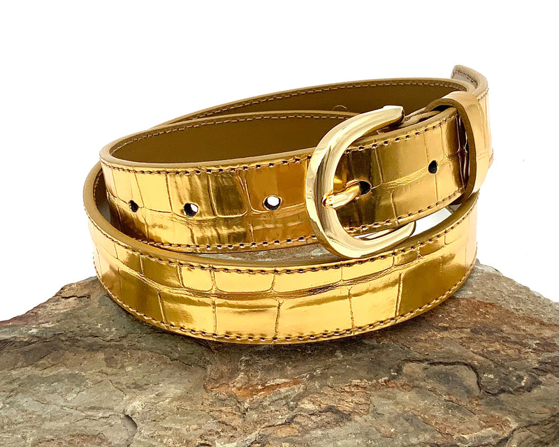 J CREW Bright Gold Embossed Leather Belt S