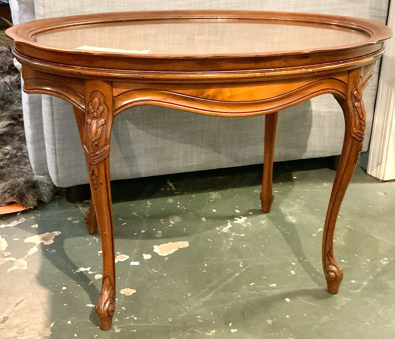 Vintage Wood Tea Table with Glass Top