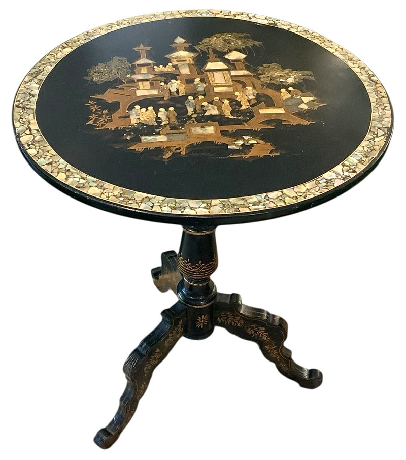 Vintage Black Lacquer Tilt Top Table with Mother of Pearl Inlay