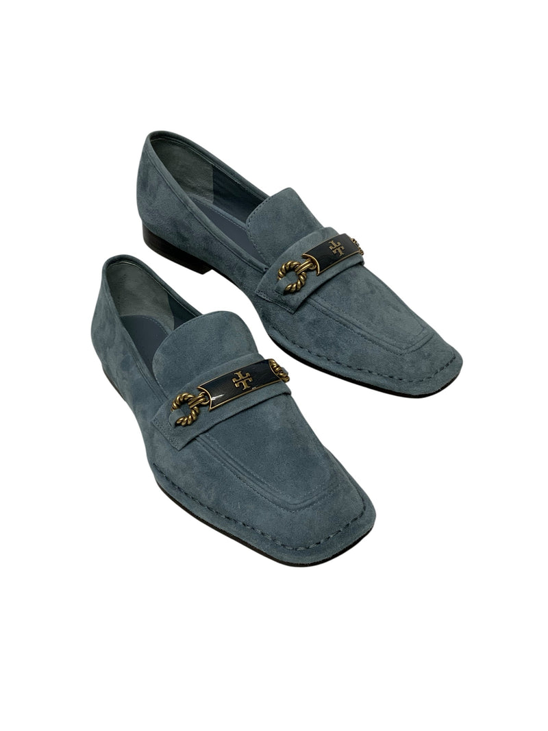 TORY BURCH Rainwater Blue Sue w/Metallic Logo Embell "Perrine" Loafer 7