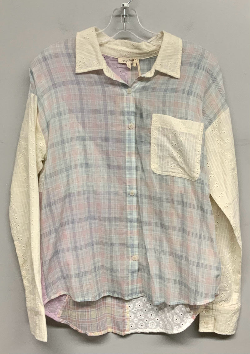 MYSTREE Pink/Blue Plaid w/Lace Detail L/S B/D Top