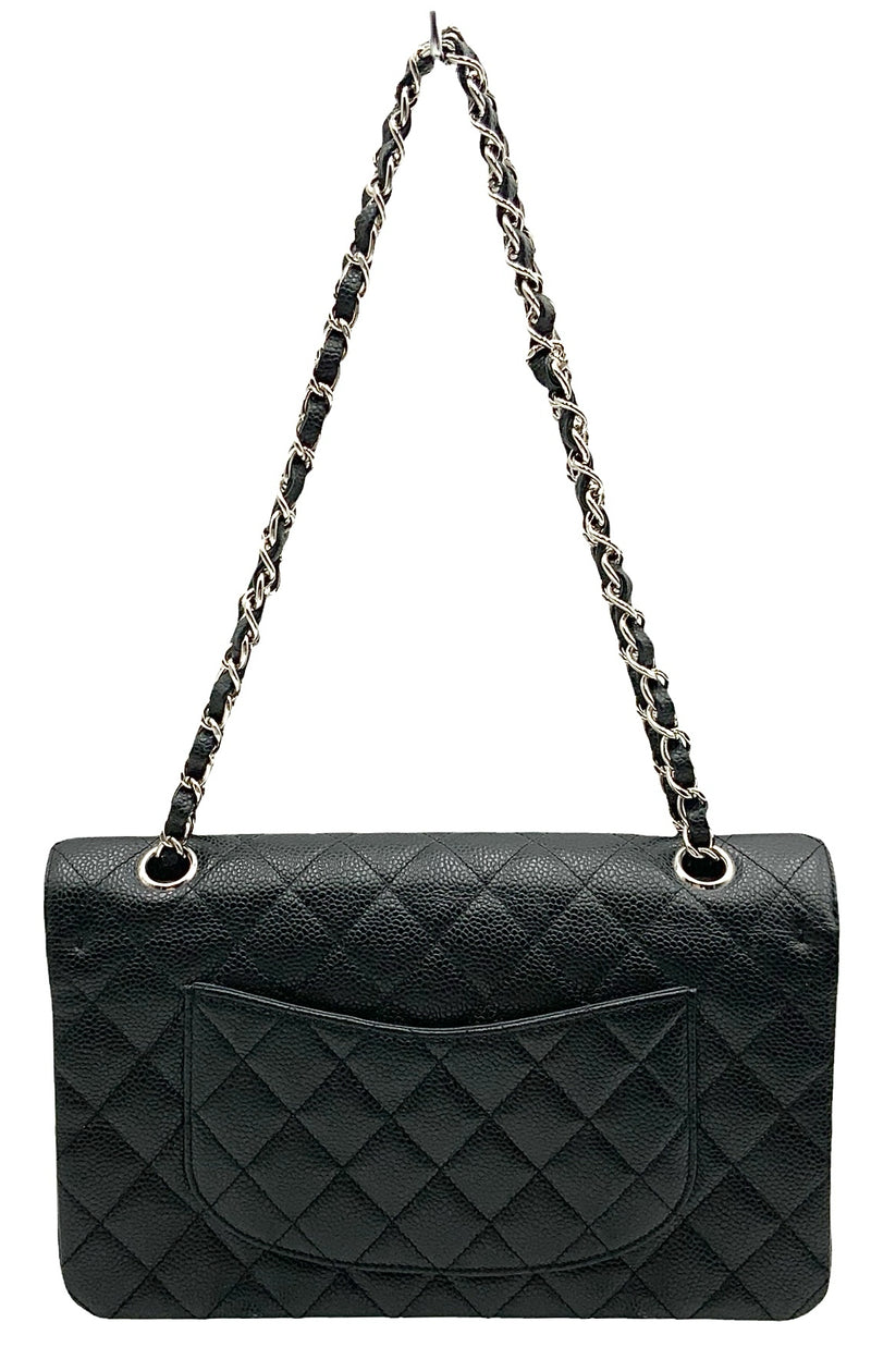 CHANEL Black Caviar Quilted Leather Chain Strap Turnlock Double Flap Bag