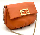 FENDI Orange Leather Logo Chain Crossbody Bag