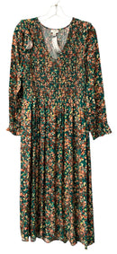 J CREW Green/Yellow/Peach Floral Smocked Bodice L/S Mid Calf Dress