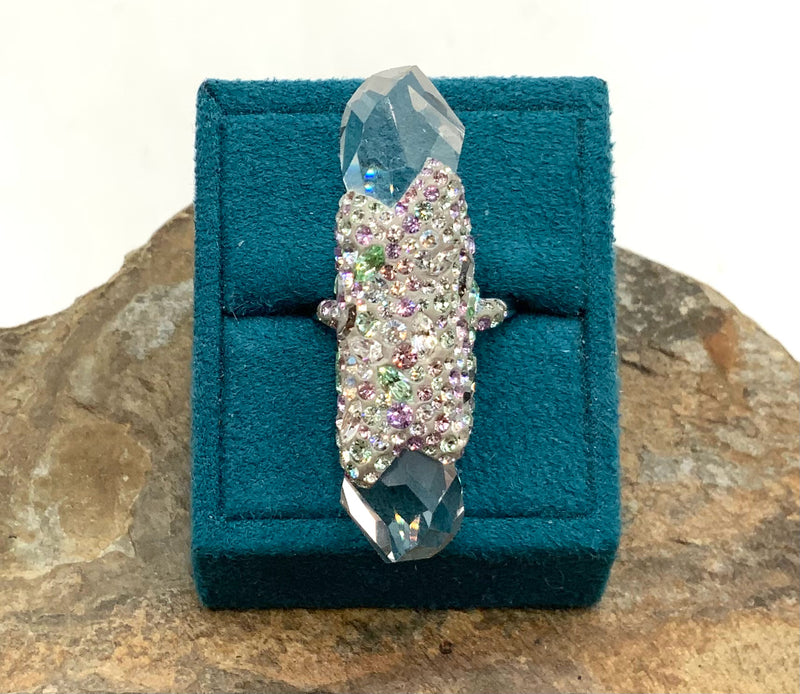 SWAROVSKI Rhodium Purple Green Crystal Encrusted Glass Ring