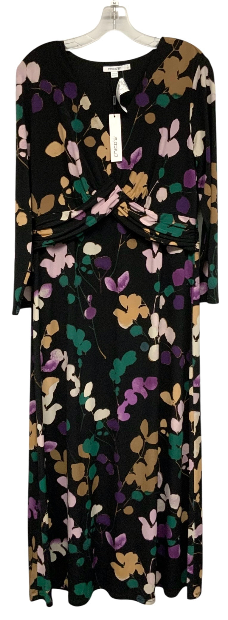 CHICOS Black Purple Multi Floral Knit L/S Maxi Dress