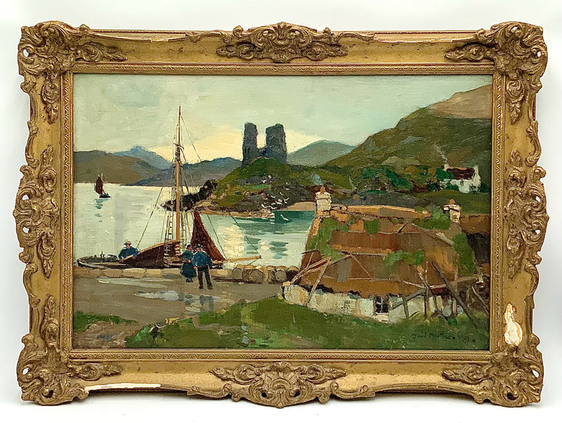 David Martin Antique Oil on Board of Scotland Harbour in Gold Frame