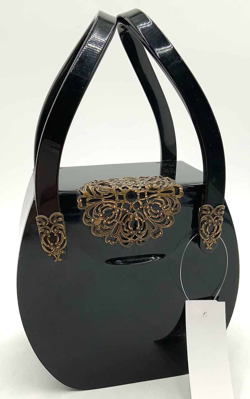 WILARDY Vintage Black Lucite Brasstone Top Handle Bag AS IS