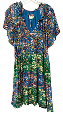 Anthropologie Blue/Green/Multi Floral V-Neck Tiered S/S Dress