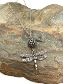 PANDORA 14kt Gold, Sterling & Black Crystals Dragonfly Necklace