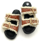 MARNI Tan Leather Shearling Double Buckle Slide Sandals 37