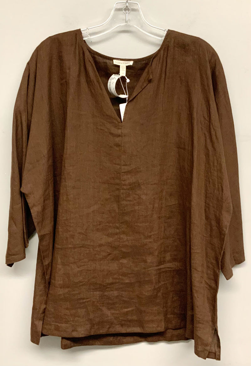 EILEEN FISHER Cocoa Split Neck 3/4 Sleeve Linen Top