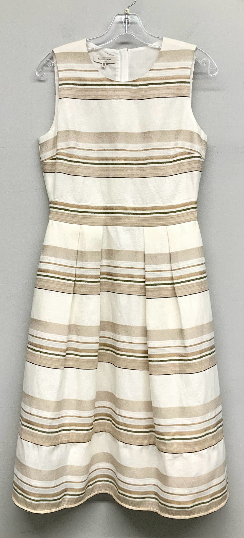 LAFAYETTE 148 Ivory Tan Olive Linen Silk Cotton Striped S/L Dress