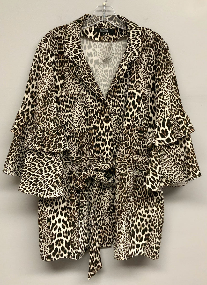 BADGLEY MISCHKA Cream Brown Black Leopard Print Tiered Slv Belted Jacket