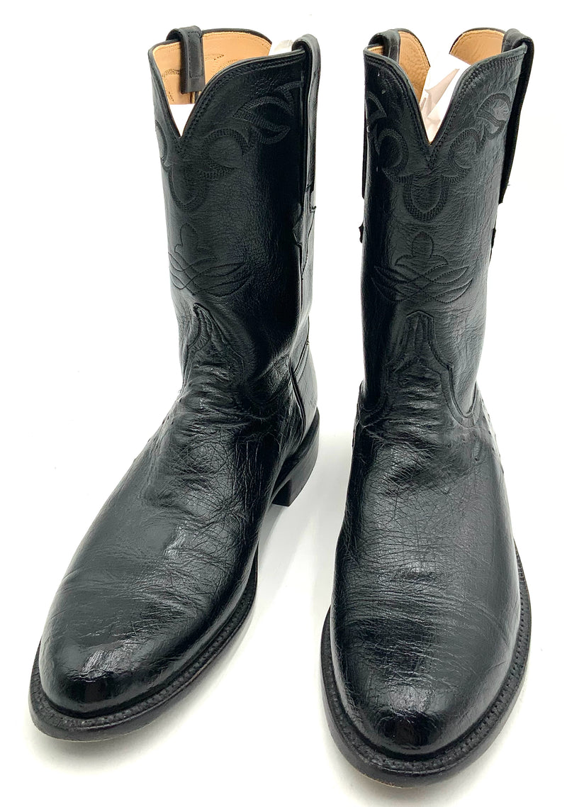 LUCCHESE Black Leather Ward Smooth Upper Ostrich Roper Boots 12D