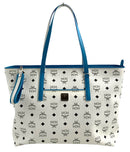 MCM White Black Coated Canvas Visetos Blue Trim Anya Tote