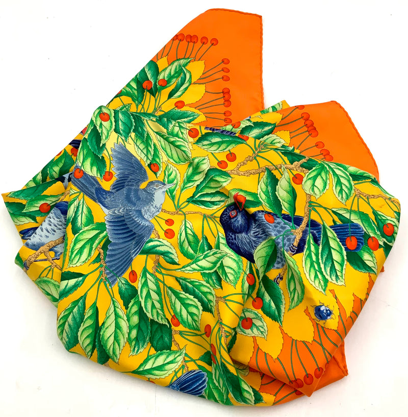 HERMES Orange Yellow Multi Silk Les Merises Wild Cherries & Bird Motif Scarf