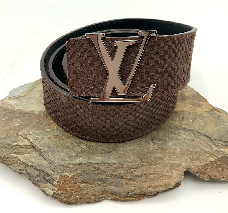 LOUIS VUITTON Brown Suede Mini Damier Initiales Buckle Belt 85cm
