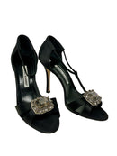 MANOLO BLAHNIK Black Satin Jeweled T-Strap H/H Sandals 38.5
