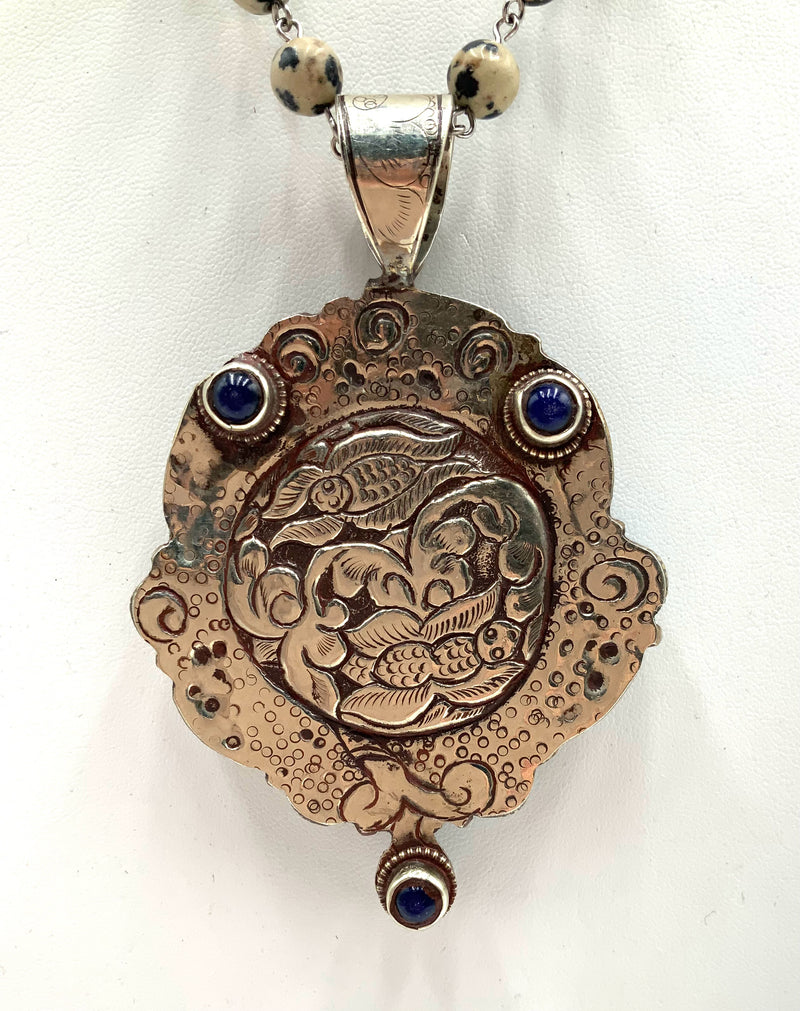Tibetan Silvertone Metal, Dalmation Jasper & Onyx Necklace