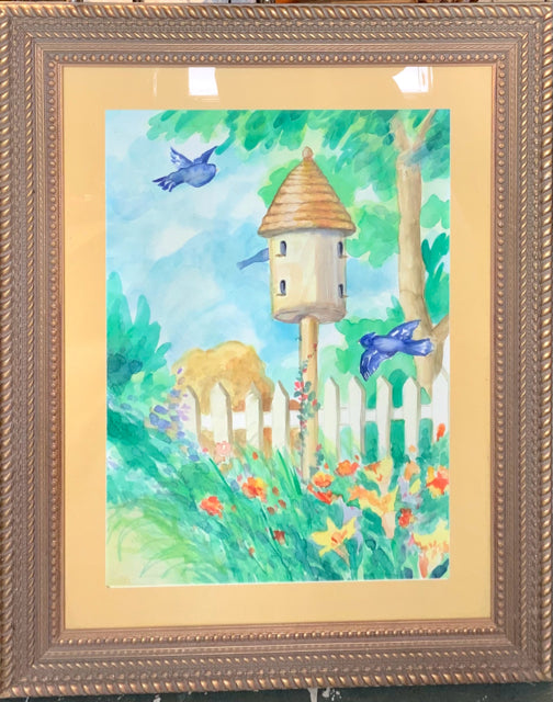 Framed Watercolor of Birds with Birdhouse