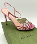 GUCCI Pink Metallic Nappa Leather Jeweled Stiletto Sandals 38.5