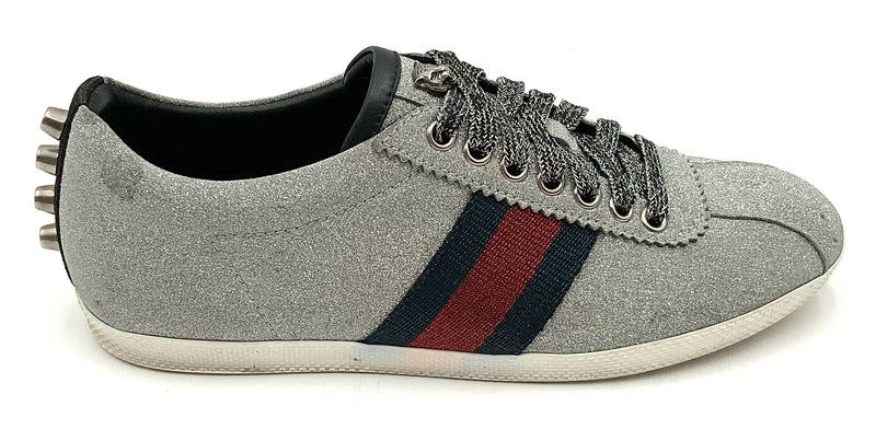 GUCCI Silver Glitter Fabric Navy/Red Web Stripe Studded Bambi Sneakers 37