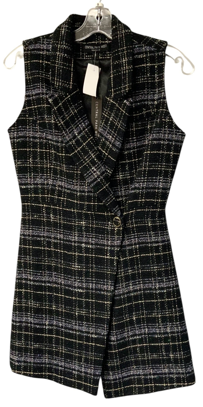 CENTRAL PARK WEST Black/Tan/Multi Plaid Tweed Long Vest