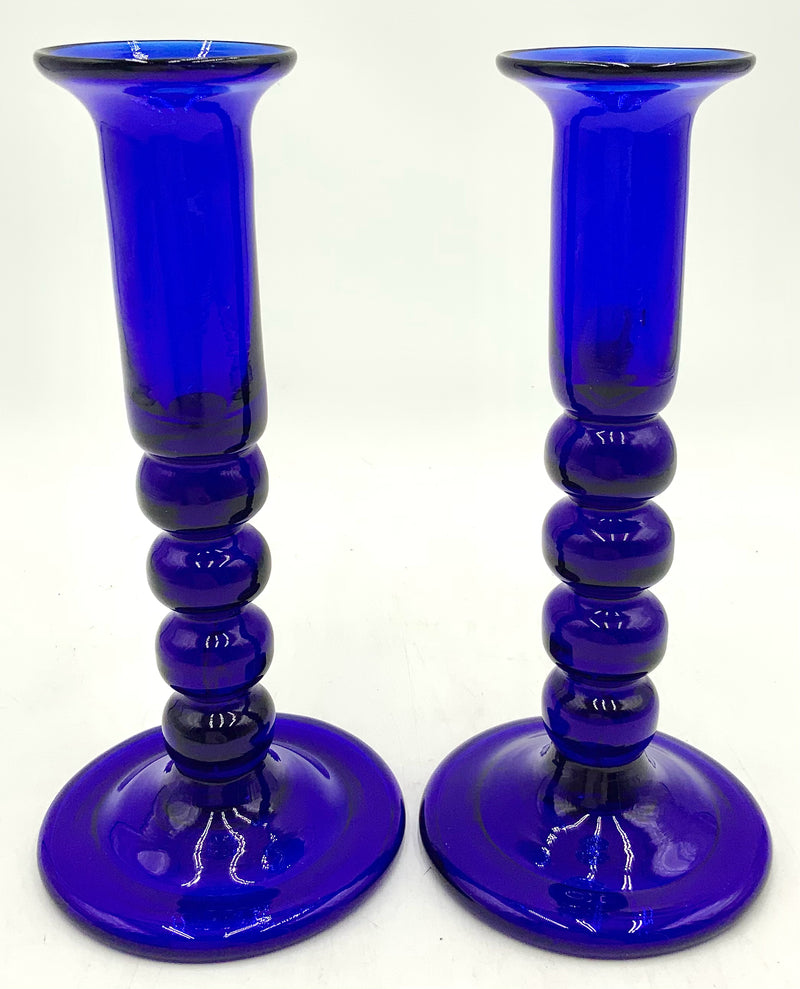 Pair of Handblown Coblat Glass Candlesticks