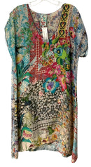 JOHNNY WAS Blue/Green/Pink Floral Hummingbird V-Neck S/S Dress
