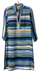 HINSON WU Blue/Green/Aqua Stripe 1/4 B/D 3/4 Sleeve Tencil Dress