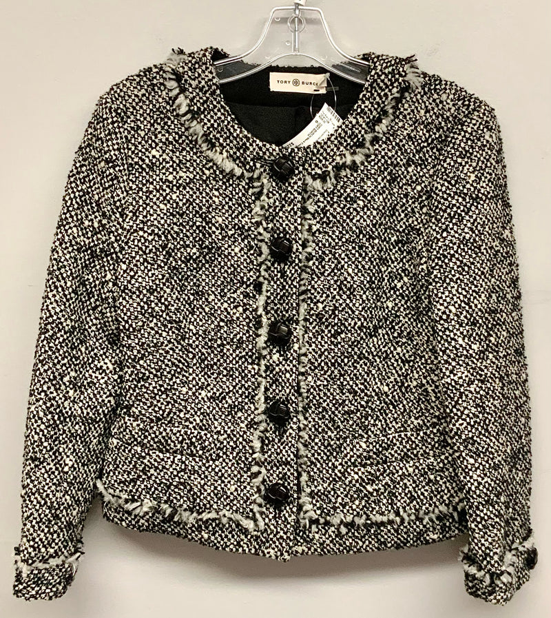 TORY BURCH Black Cream Tweed Fringe Trim Jacket