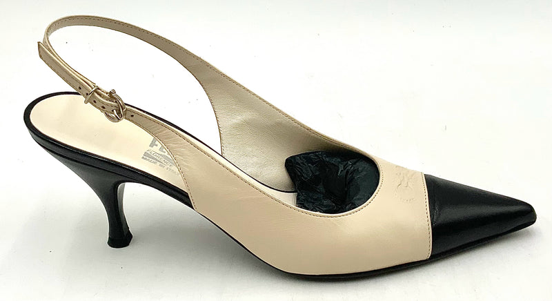 FERRAGAMO Ivory Black Cap Toe Stitched Logo Pointed Slingback Heels 9