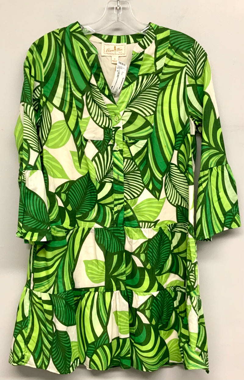 FLORA BEA Green/Sand Leaf Print Tiered Bell Sleeve Dress