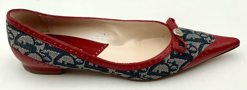 DIOR Navy Diorissimo Monogram Red Lea Pointed Toe Flats 10