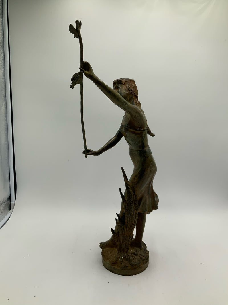 Verdigris Bronze Statue of Woman with Bird