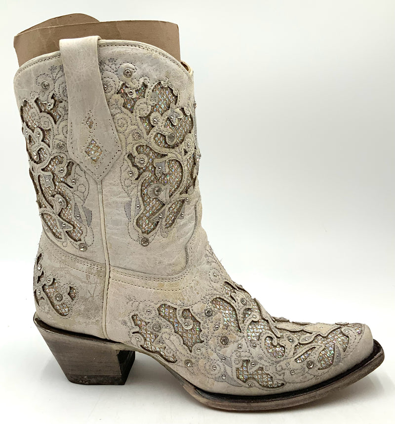 CORRAL Off White Leather Glitter Inlay Crystal Accent Western Boots 8M