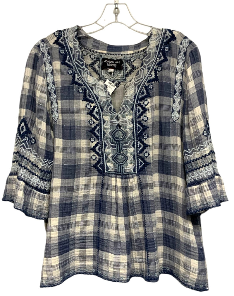 JOHNNY WAS Navy/White Plaid Embroid Top