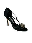 MANOLO BLAHNIK Black Satin Jeweled T-Strap H/H Sandals 38.5