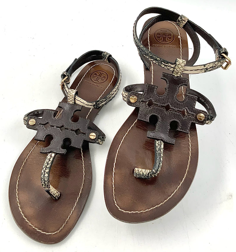 TORY BURCH Brown Leather Neutral Snake Prnt Leather Thong Sandals 8