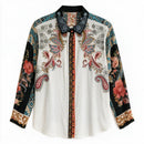 JOHNNY WAS Sand/Black/Multi w/Multi Floral Embroid L/S B/D Silk Top