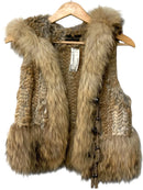LINDA RICHARDS Knitted Raccoon/Rabbit Leather Tassel/Antler Toggle Hooded Vest